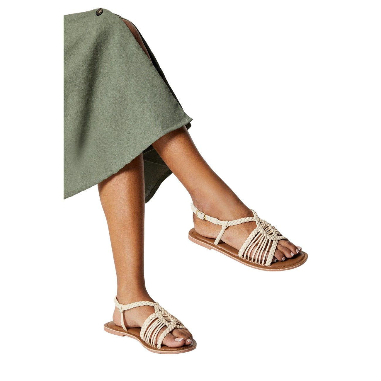 Bone - Side - Dorothy Perkins Womens-Ladies Josie Lattice Leather Extra Wide Flat Sandals