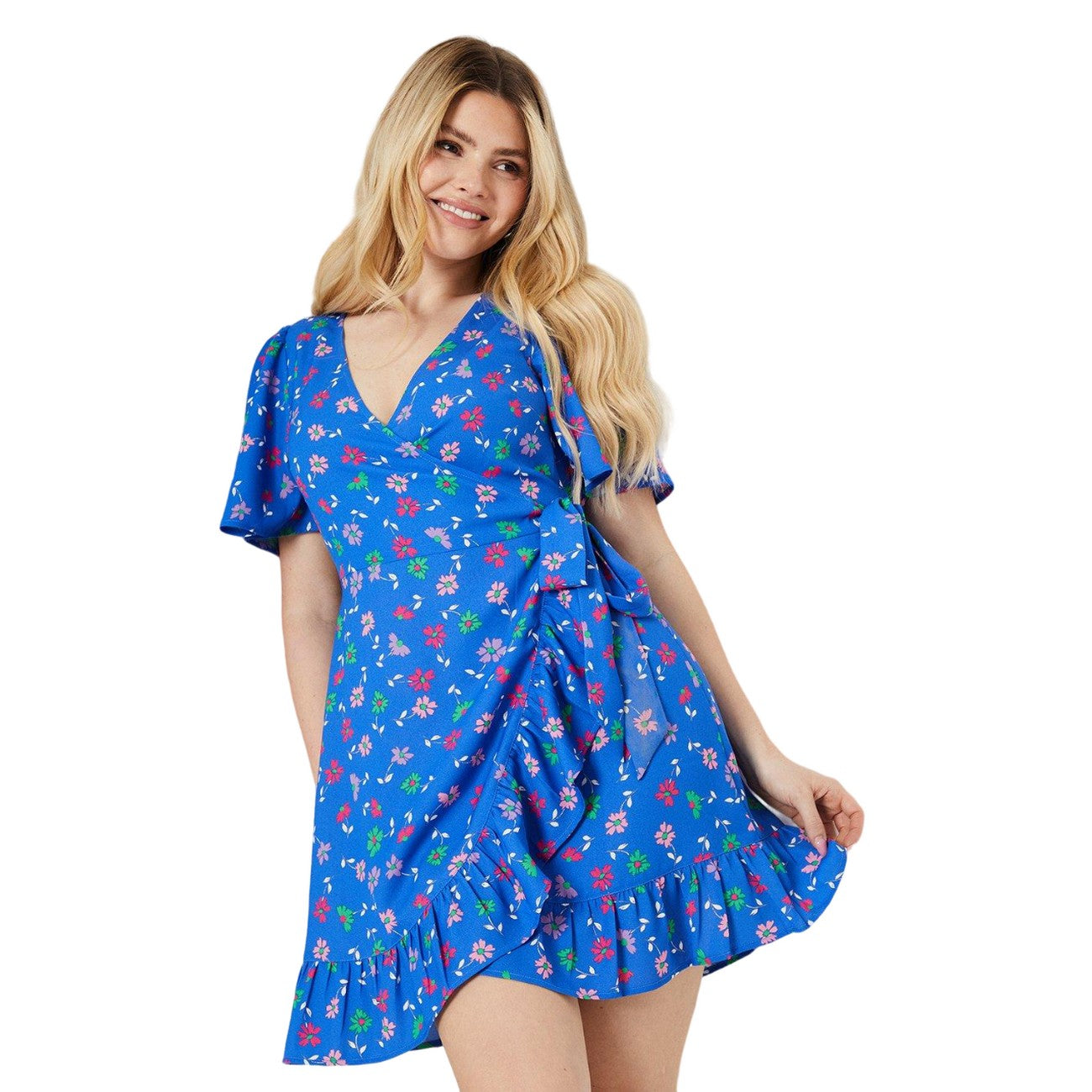 Blue - Side - Dorothy Perkins Womens-Ladies Floral Ruffle Hem Mini Dress