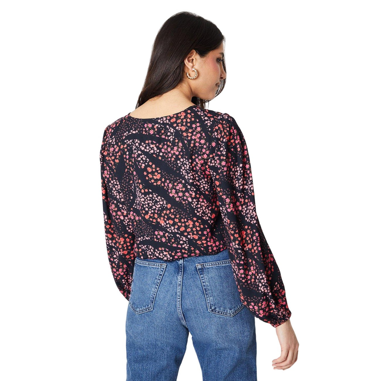 Black-Pink - Back - Dorothy Perkins Womens-Ladies Floral Pleated Long-Sleeved Blouse