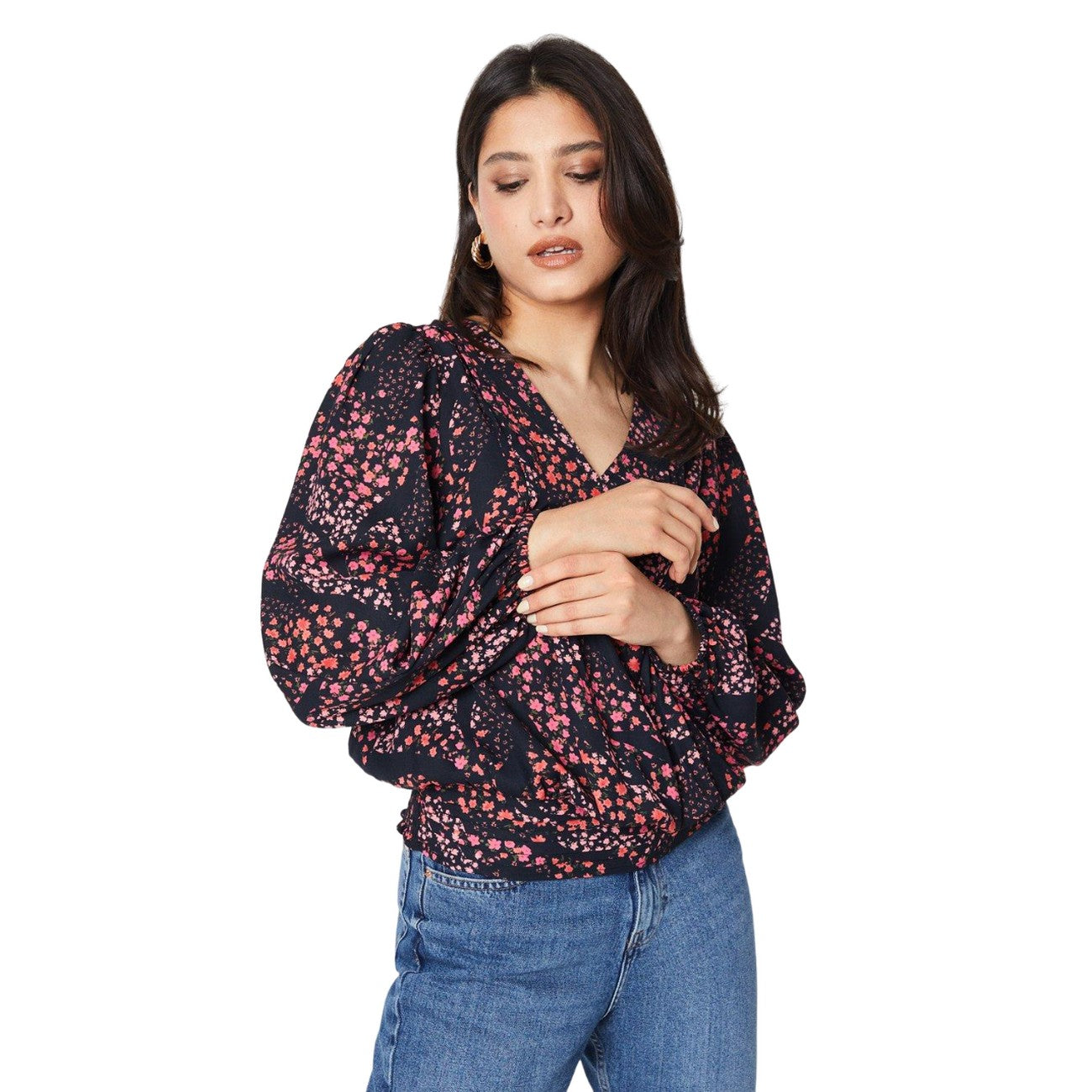 Black-Pink - Side - Dorothy Perkins Womens-Ladies Floral Pleated Long-Sleeved Blouse