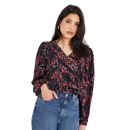 Black-Pink - Front - Dorothy Perkins Womens-Ladies Floral Pleated Long-Sleeved Blouse