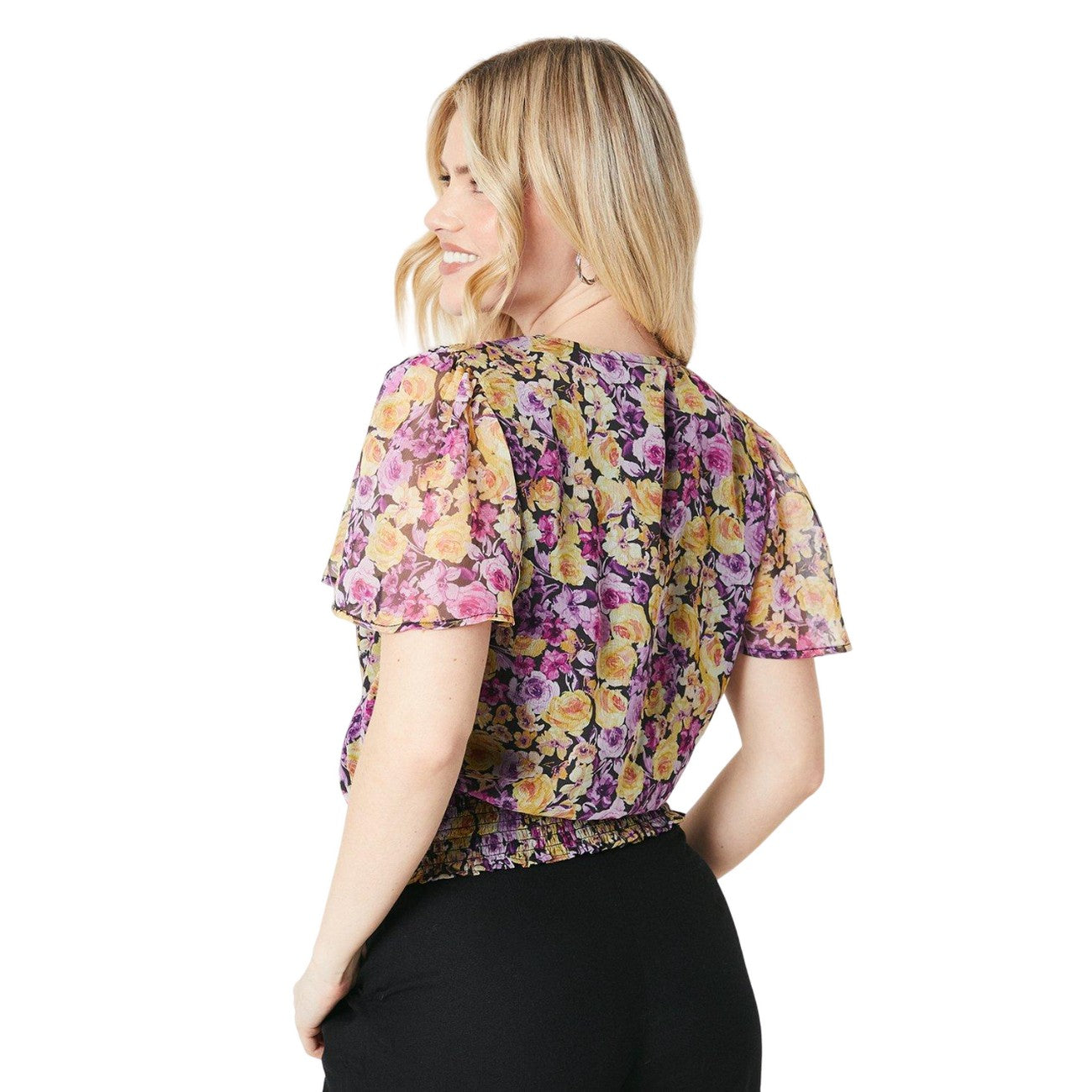 Purple-Yellow - Back - Dorothy Perkins Womens-Ladies Floral Chiffon Shirred Hem Blouse