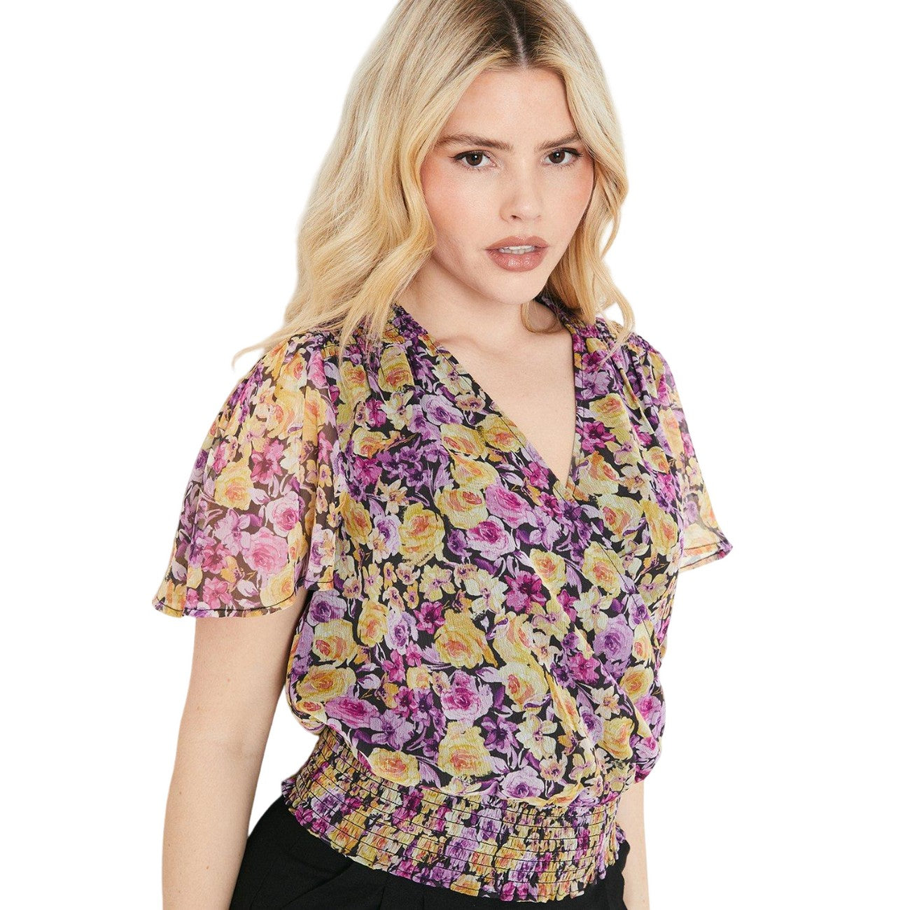 Purple-Yellow - Side - Dorothy Perkins Womens-Ladies Floral Chiffon Shirred Hem Blouse