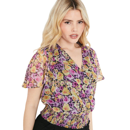 Purple-Yellow - Side - Dorothy Perkins Womens-Ladies Floral Chiffon Shirred Hem Blouse