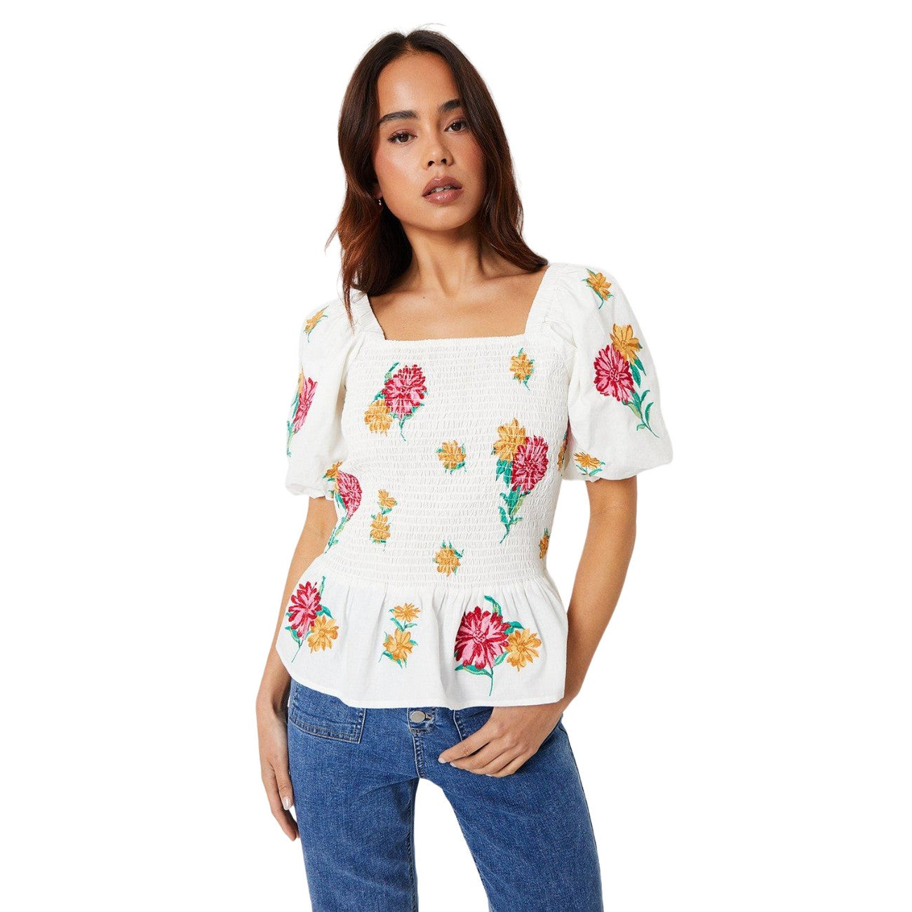 Ivory - Front - Dorothy Perkins Womens-Ladies Embroidered Shirred Petite Blouse