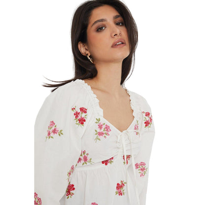 White - Side - Dorothy Perkins Womens-Ladies Embroidered Ruched Front Blouse