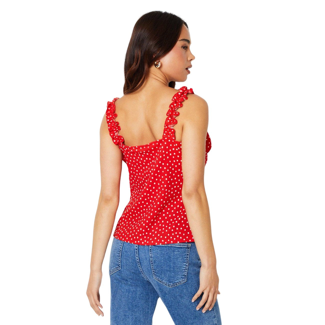 Red - Back - Dorothy Perkins Womens-Ladies Polka Dot Frill Detail Petite Tank Top