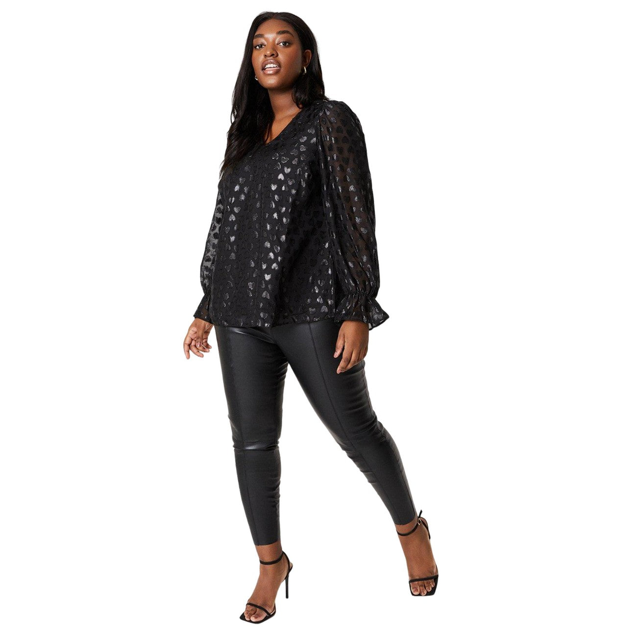 Black - Side - Dorothy Perkins Womens-Ladies Hearts Chiffon Plus Long-Sleeved Blouse