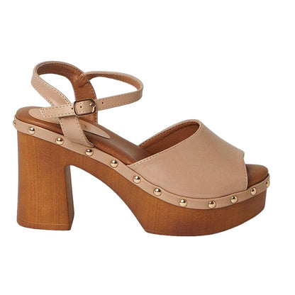 Beige - Back - Faith Womens-Ladies Evie Studded Faux Leather Medium Block Heel Sandals