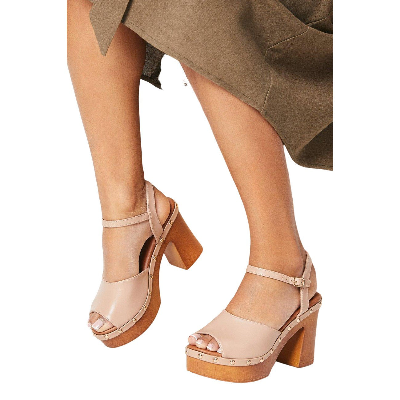 Beige - Side - Faith Womens-Ladies Evie Studded Faux Leather Medium Block Heel Sandals