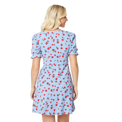 Blue - Back - Dorothy Perkins Womens-Ladies Rose V Neck Short-Sleeved Mini Dress