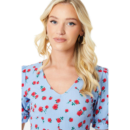 Blue - Side - Dorothy Perkins Womens-Ladies Rose V Neck Short-Sleeved Mini Dress