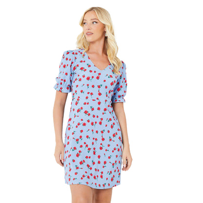 Blue - Front - Dorothy Perkins Womens-Ladies Rose V Neck Short-Sleeved Mini Dress