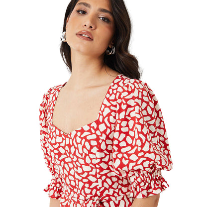 Ivory-Red - Side - Dorothy Perkins Womens-Ladies Abstract Sweetheart Puffed Mini Dress