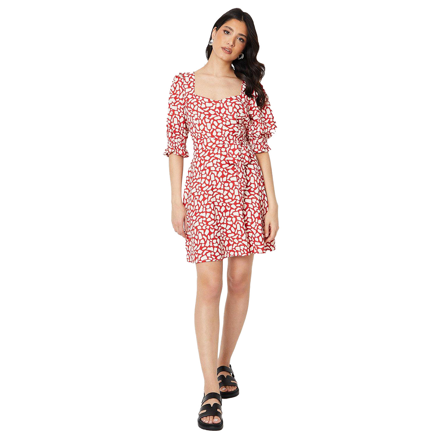 Ivory-Red - Pack Shot - Dorothy Perkins Womens-Ladies Abstract Sweetheart Puffed Mini Dress