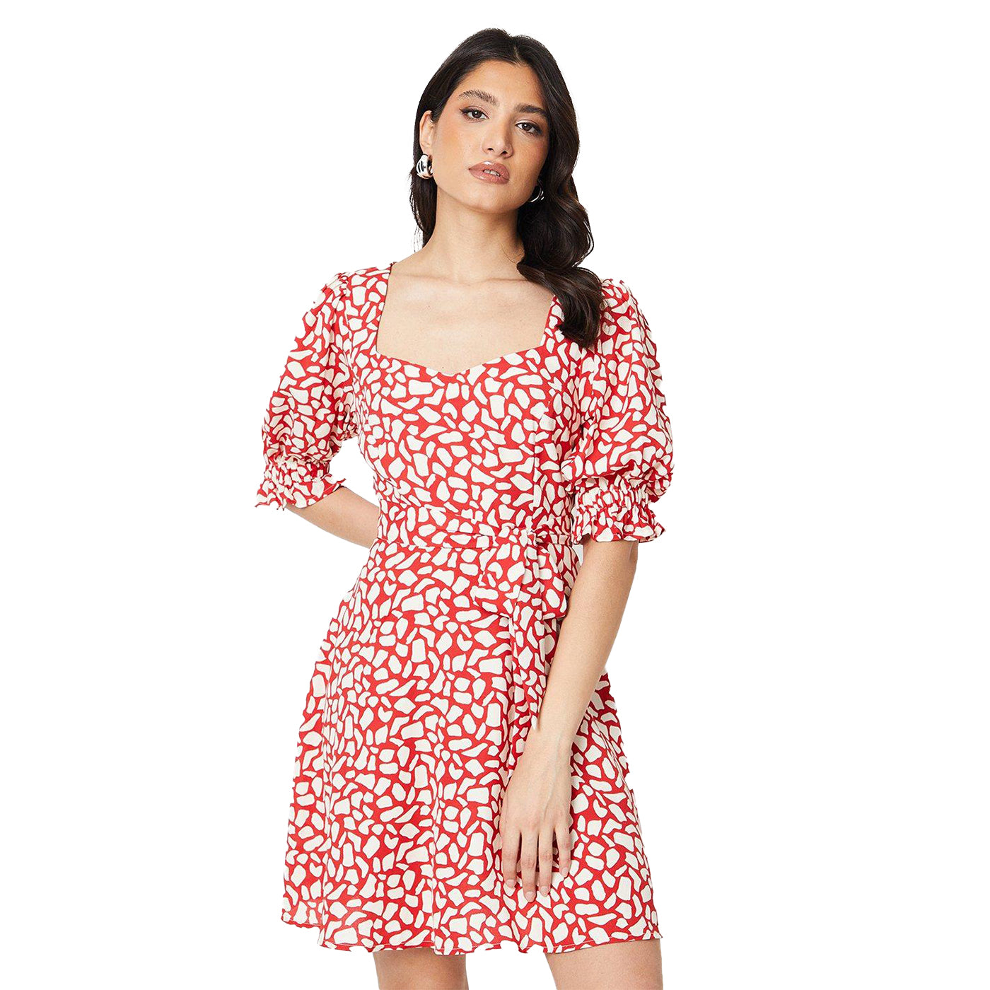 Ivory-Red - Front - Dorothy Perkins Womens-Ladies Abstract Sweetheart Puffed Mini Dress