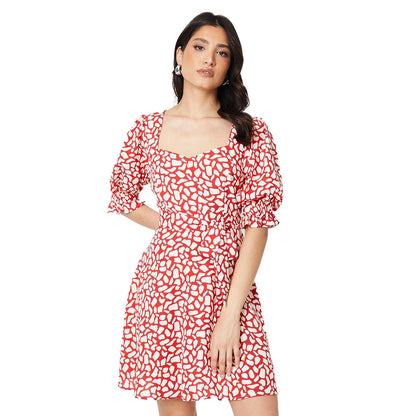 Ivory-Red - Front - Dorothy Perkins Womens-Ladies Abstract Sweetheart Puffed Mini Dress