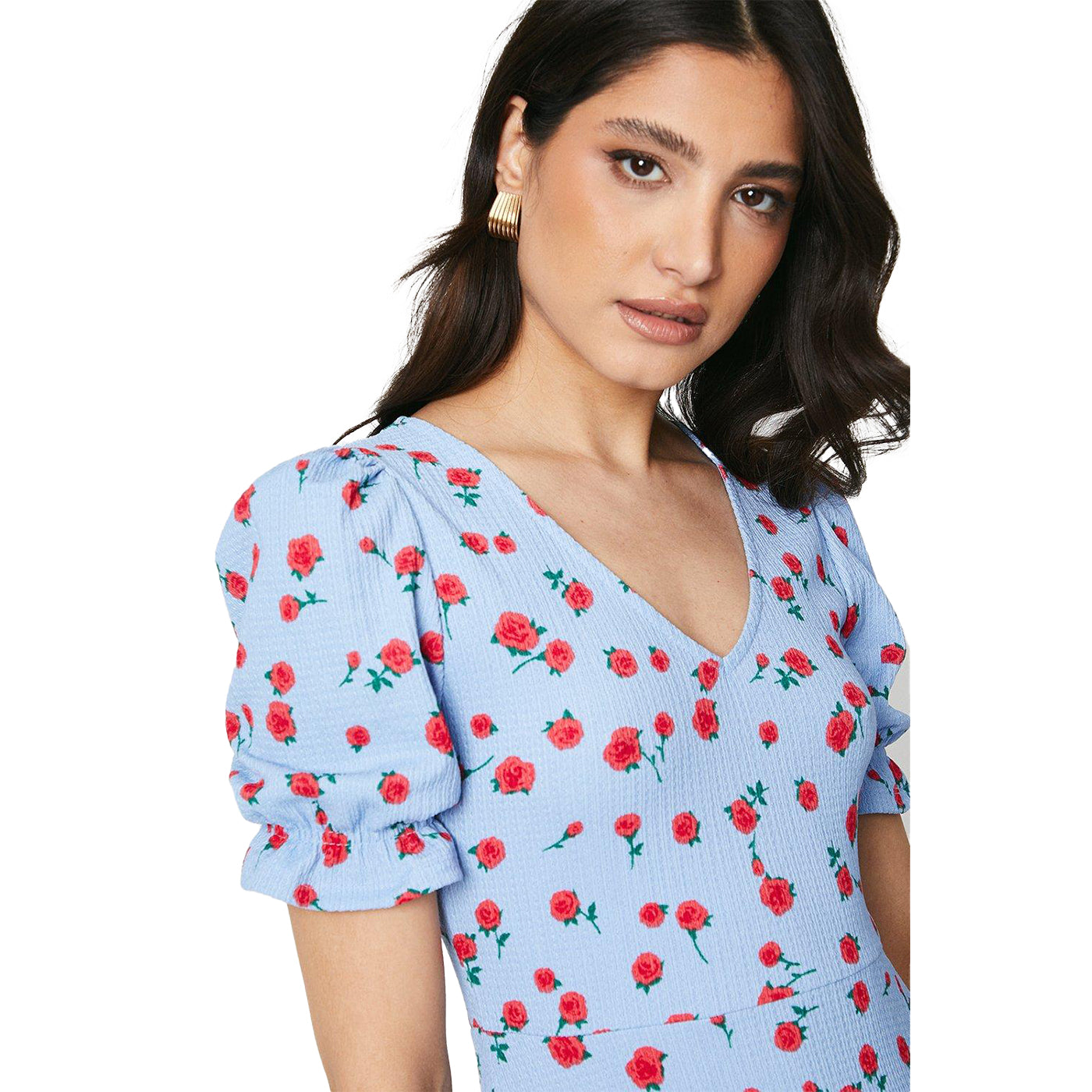 Blue - Side - Dorothy Perkins Womens-Ladies Rose V Neck Short-Sleeved Midi Dress