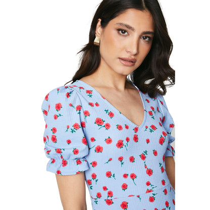 Blue - Side - Dorothy Perkins Womens-Ladies Rose V Neck Short-Sleeved Midi Dress