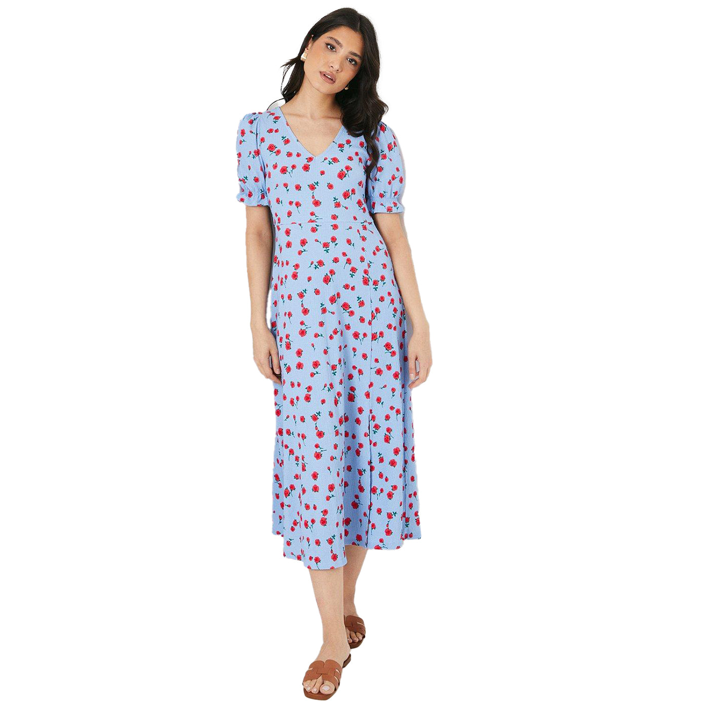 Blue - Front - Dorothy Perkins Womens-Ladies Rose V Neck Short-Sleeved Midi Dress