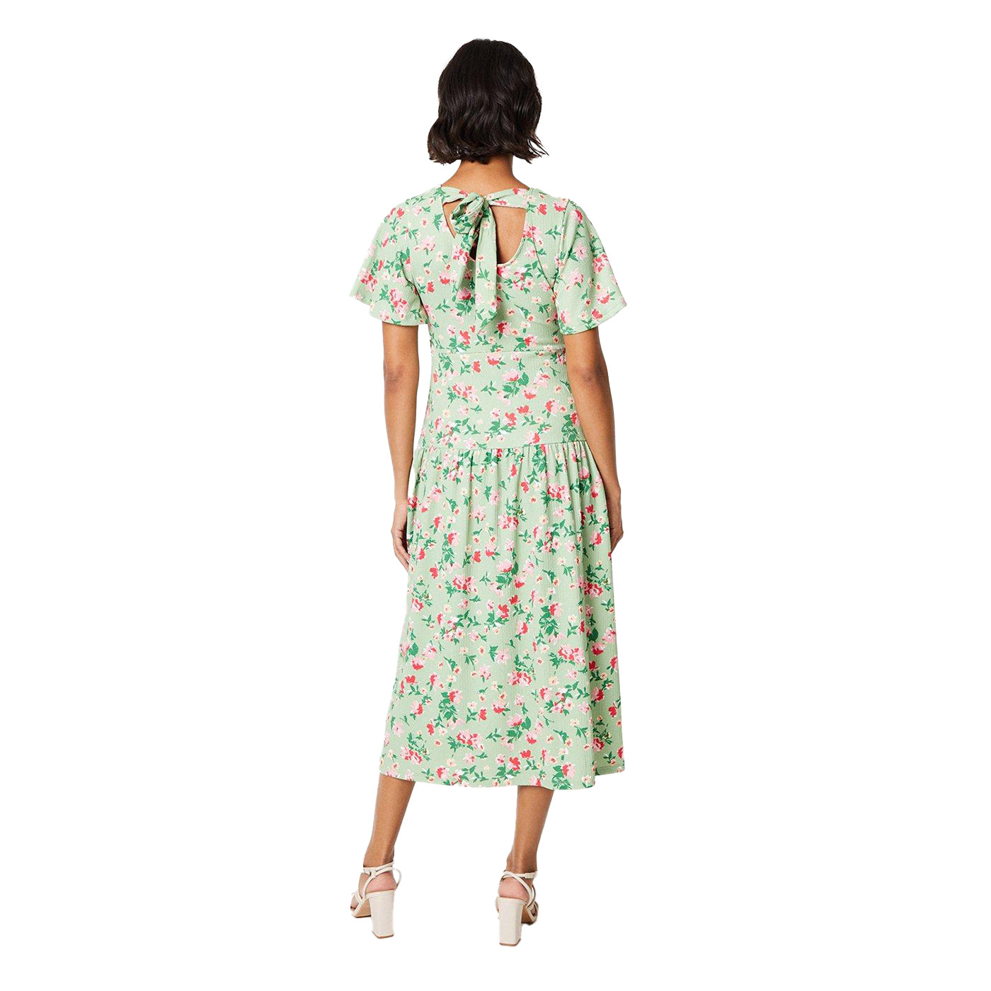 Green-Pink - Back - Dorothy Perkins Womens-Ladies Floral Tie Back Angel Sleeve Midi Dress