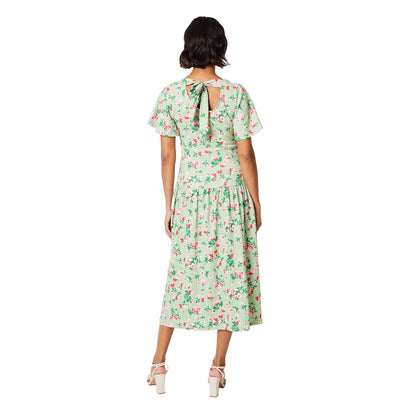 Green-Pink - Back - Dorothy Perkins Womens-Ladies Floral Tie Back Angel Sleeve Midi Dress