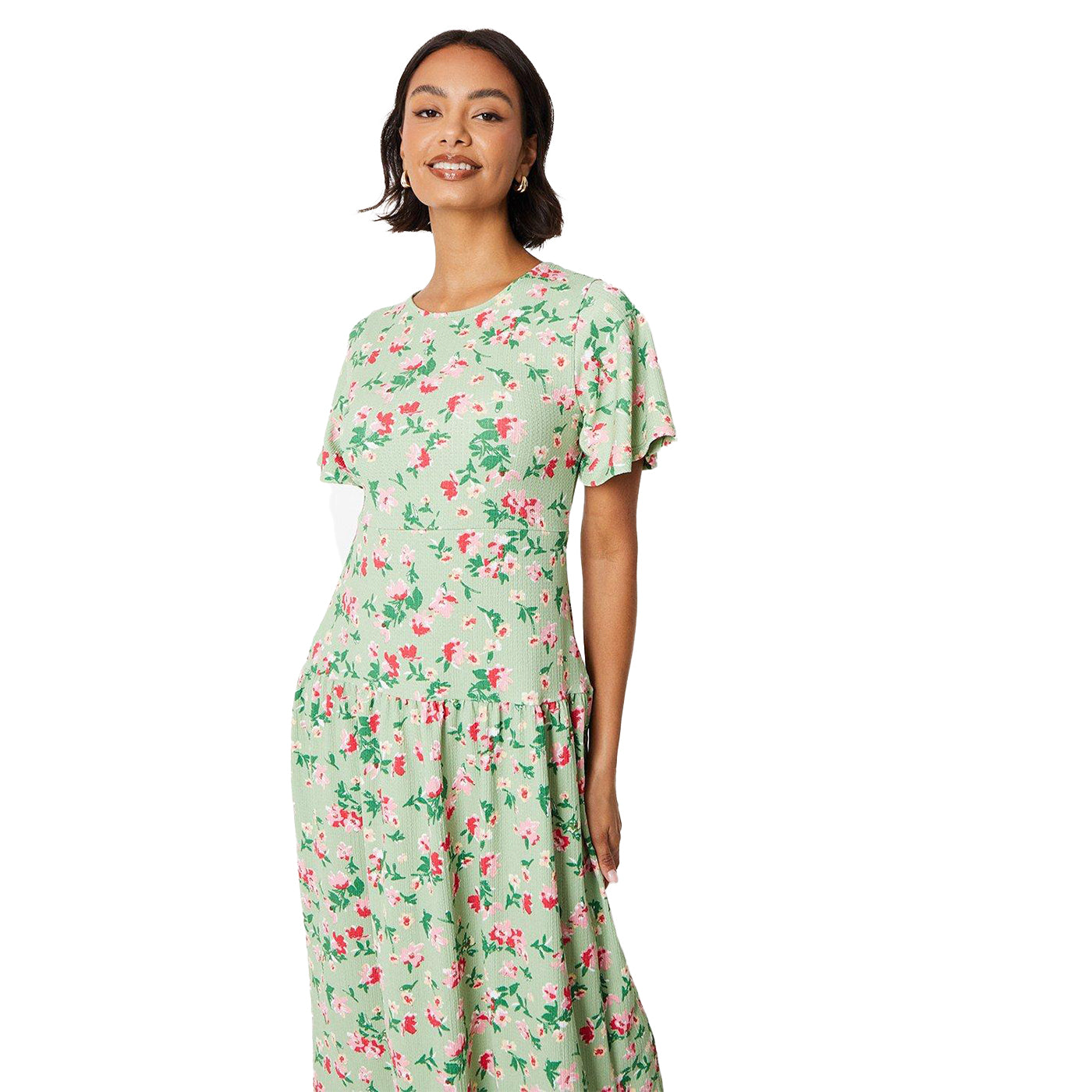 Green-Pink - Pack Shot - Dorothy Perkins Womens-Ladies Floral Tie Back Angel Sleeve Midi Dress