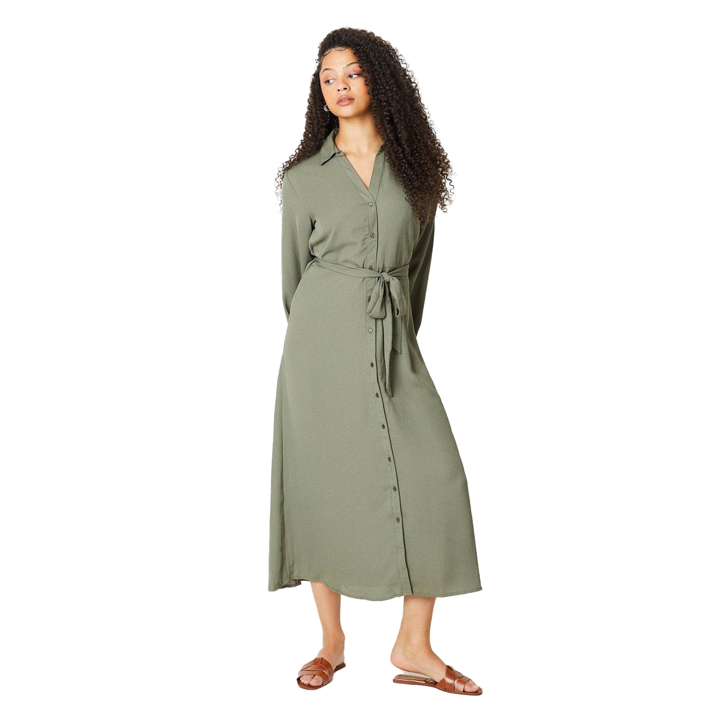 Army Khaki - Front - Dorothy Perkins Womens-Ladies Tall Midi Shirt Dress