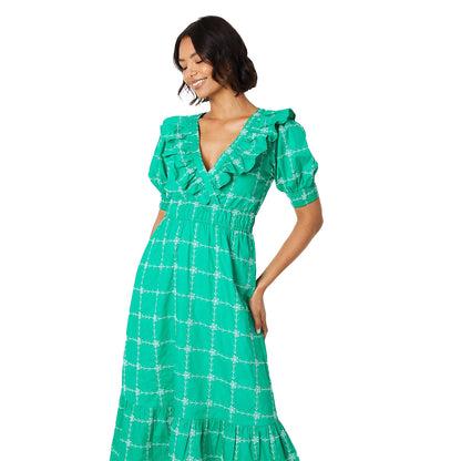 Green - Side - Dorothy Perkins Womens-Ladies Embroidered Frill Puff Sleeve Midi Dress