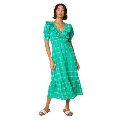 Green - Front - Dorothy Perkins Womens-Ladies Embroidered Frill Puff Sleeve Midi Dress