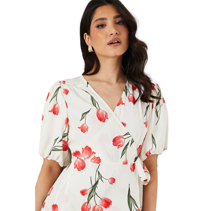 Sage - Side - Dorothy Perkins Womens-Ladies Floral Wrap Puff Sleeve Midi Dress