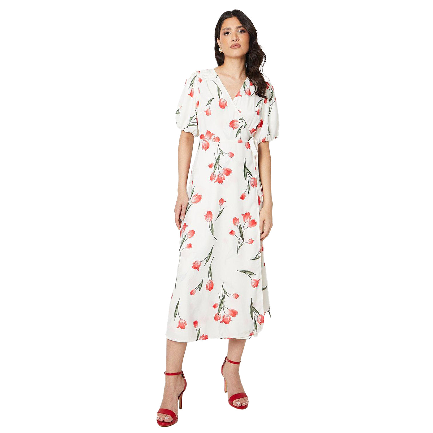 Sage - Front - Dorothy Perkins Womens-Ladies Floral Wrap Puff Sleeve Midi Dress