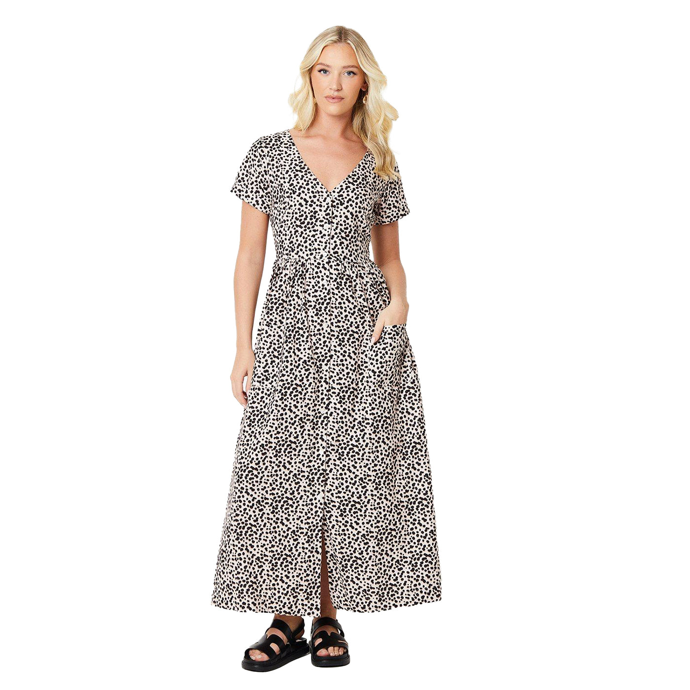Black-White - Front - Dorothy Perkins Womens-Ladies Cheetah Print Pocket Detail Midi Dress