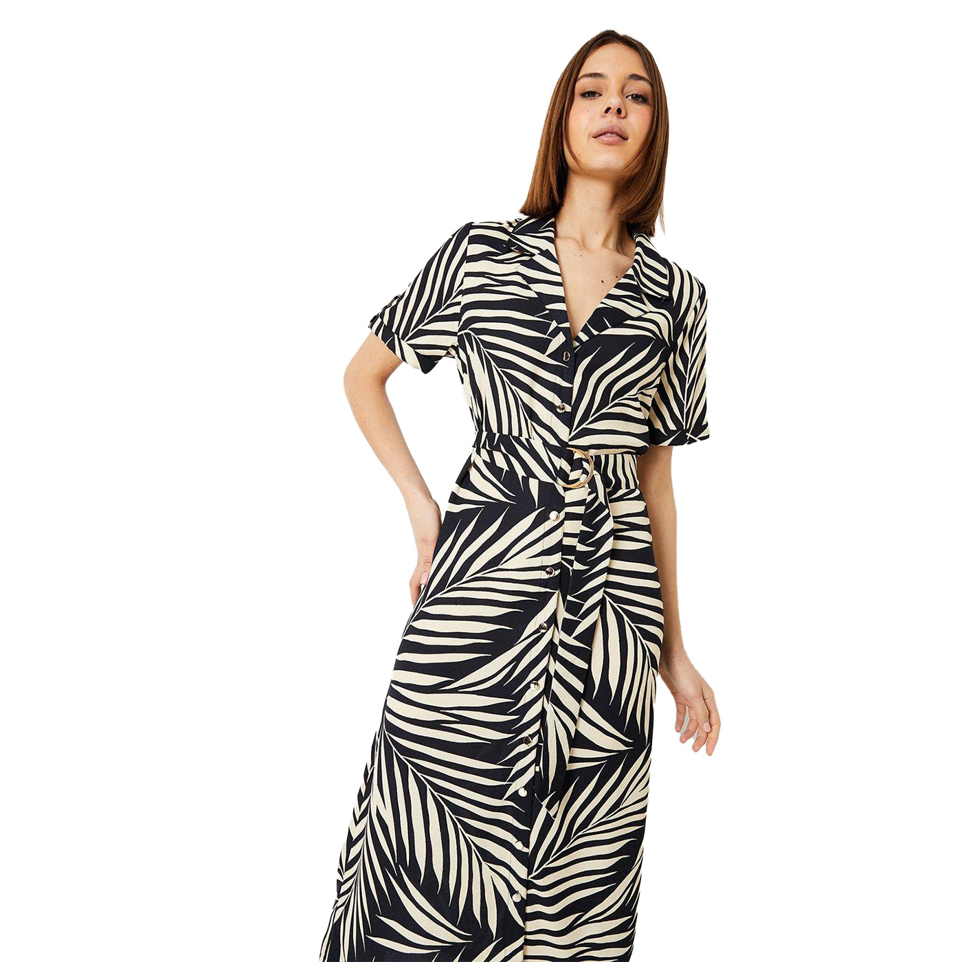 Black-White - Pack Shot - Dorothy Perkins Womens-Ladies Palm Print Short-Sleeved Midi Shirt Dress