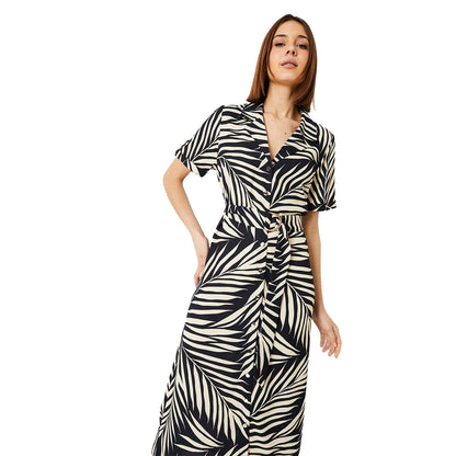 Black-White - Pack Shot - Dorothy Perkins Womens-Ladies Palm Print Short-Sleeved Midi Shirt Dress