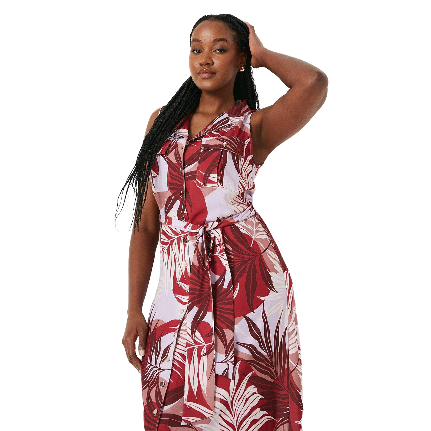 Red - Pack Shot - Dorothy Perkins Womens-Ladies Palm Print Belt Sleeveless Shirt Dress