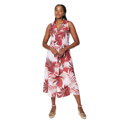 Red - Front - Dorothy Perkins Womens-Ladies Palm Print Belt Sleeveless Shirt Dress