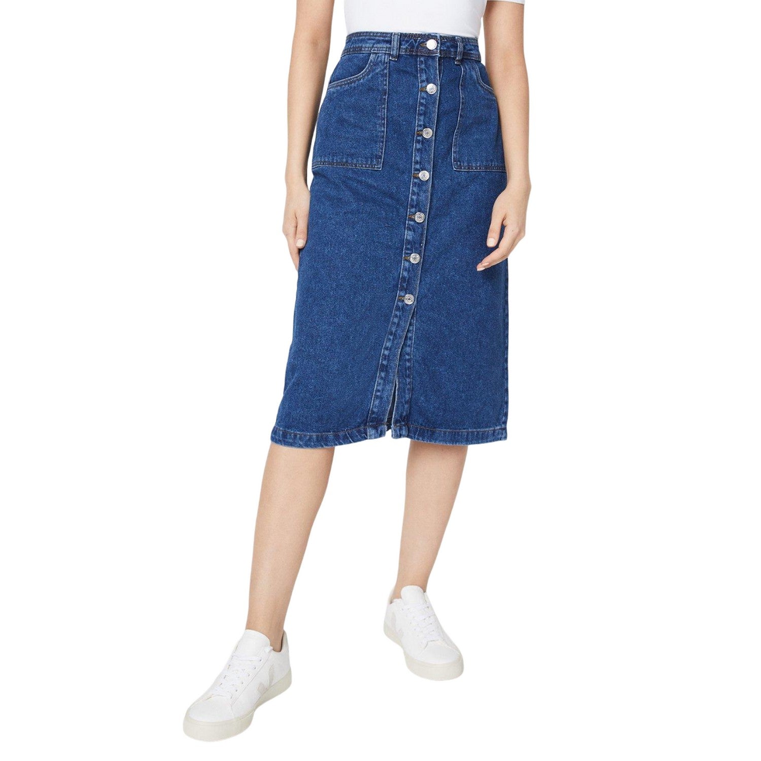 Mid Wash - Front - Dorothy Perkins Womens-Ladies Denim Button Through Maxi Skirt