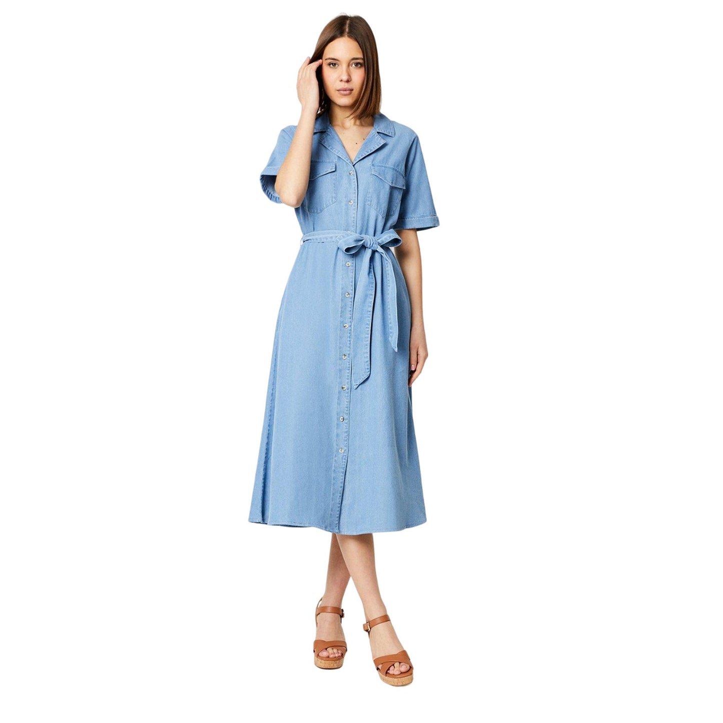 Mid Wash - Front - Dorothy Perkins Womens-Ladies Denim Button Through Midi Dress
