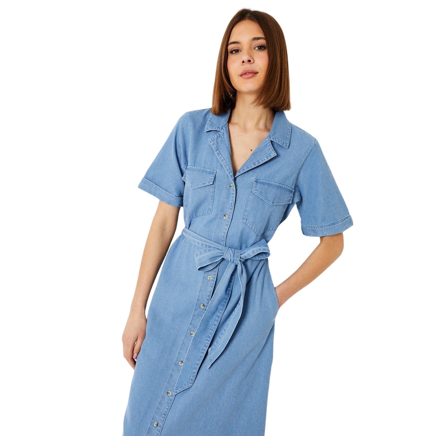 Mid Wash - Side - Dorothy Perkins Womens-Ladies Denim Button Through Midi Dress