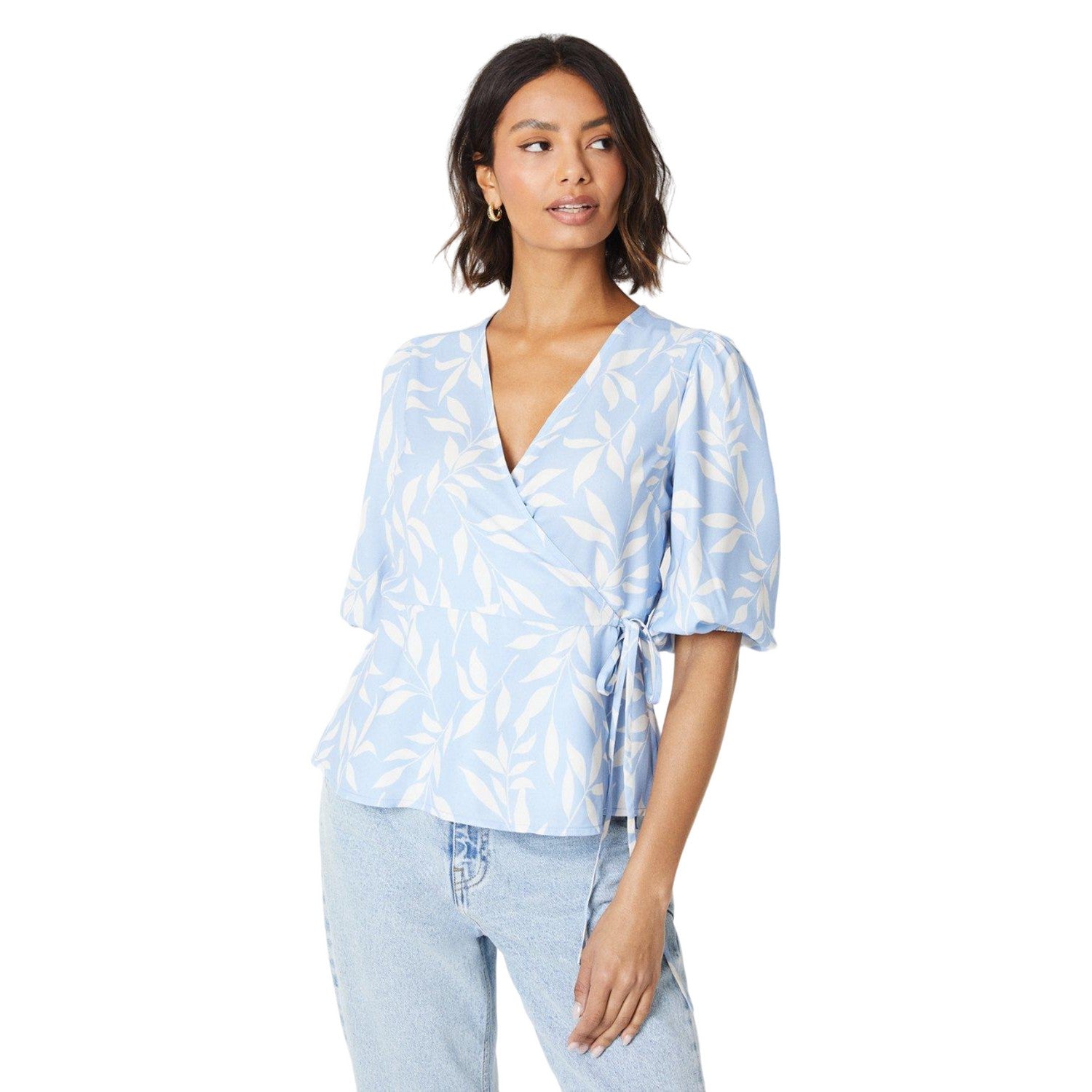 Blue - Front - Dorothy Perkins Womens-Ladies Leaf Print Wrap Blouse