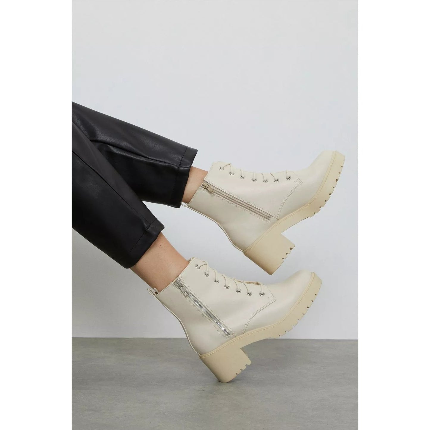 Cream - Pack Shot - Dorothy Perkins Womens-Ladies Myla Lace Up Block Heel Hiking Boots