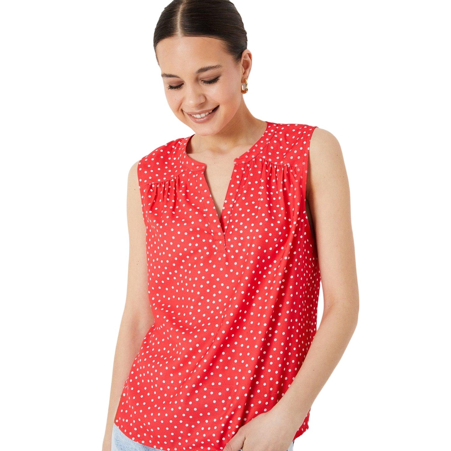 Red - Side - Dorothy Perkins Womens-Ladies Spotted Collarless Sleeveless Blouse