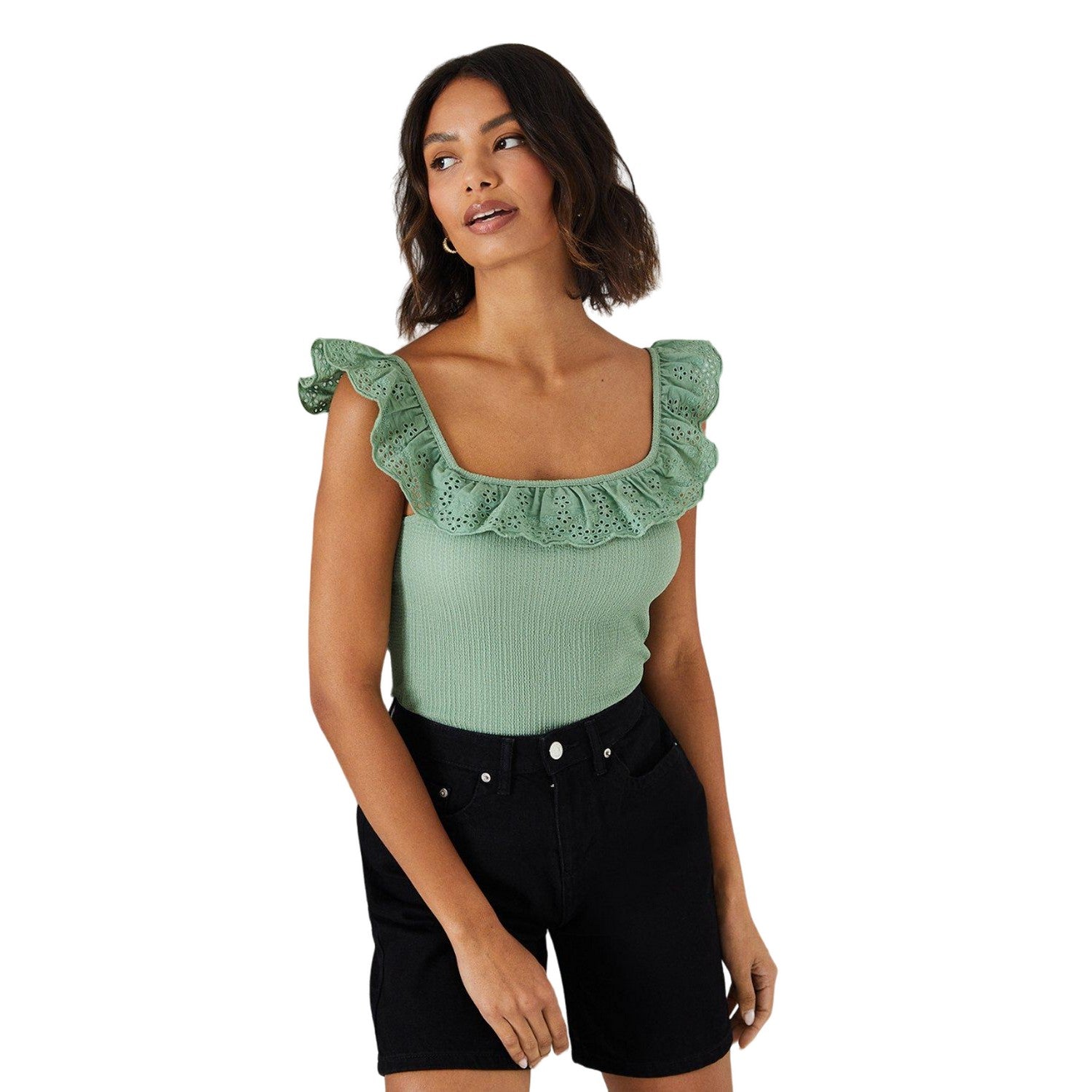 Khaki Green - Front - Dorothy Perkins Womens-Ladies Broderie Square Neck Tank Top
