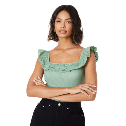Khaki Green - Side - Dorothy Perkins Womens-Ladies Broderie Square Neck Tank Top