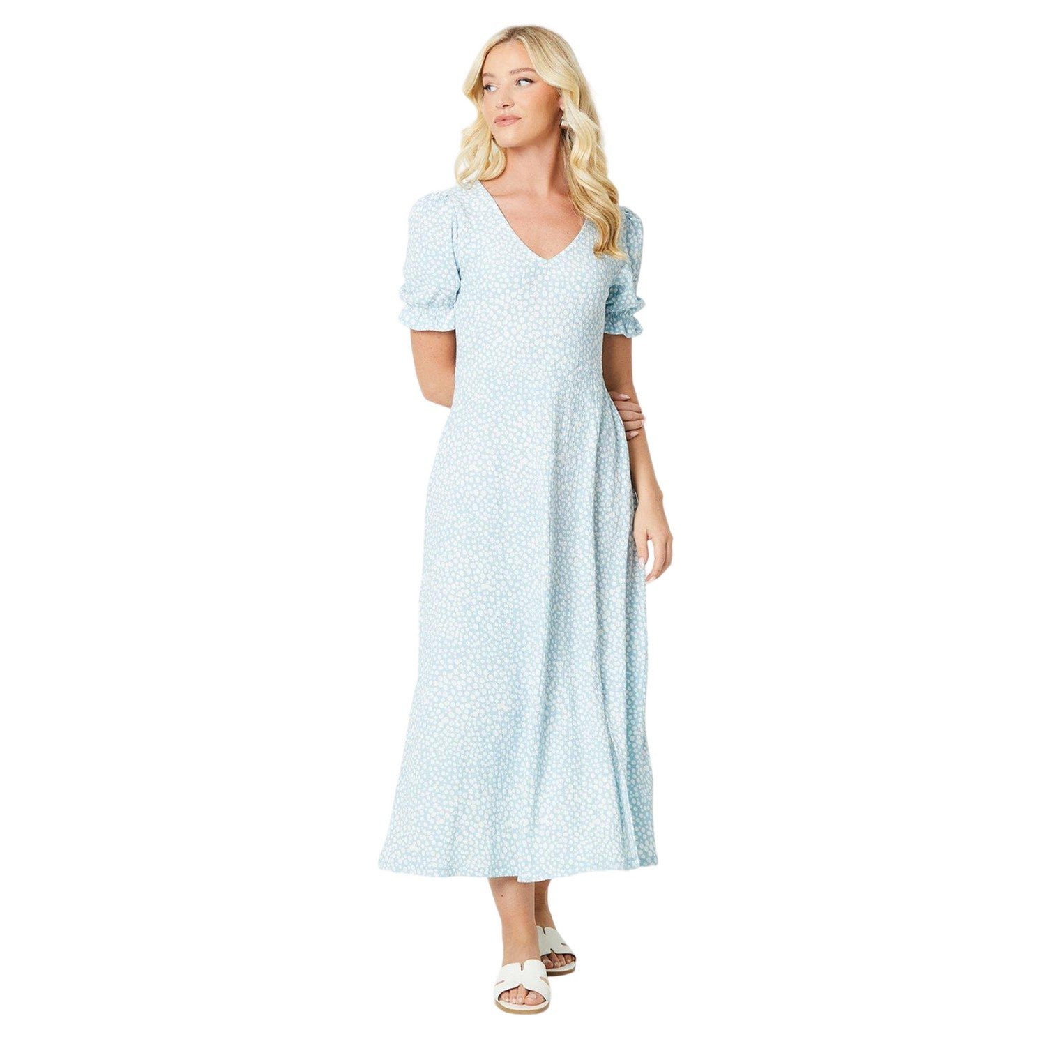 Light Blue - Front - Dorothy Perkins Womens-Ladies Abstract V Neck Short-Sleeved Midi Dress