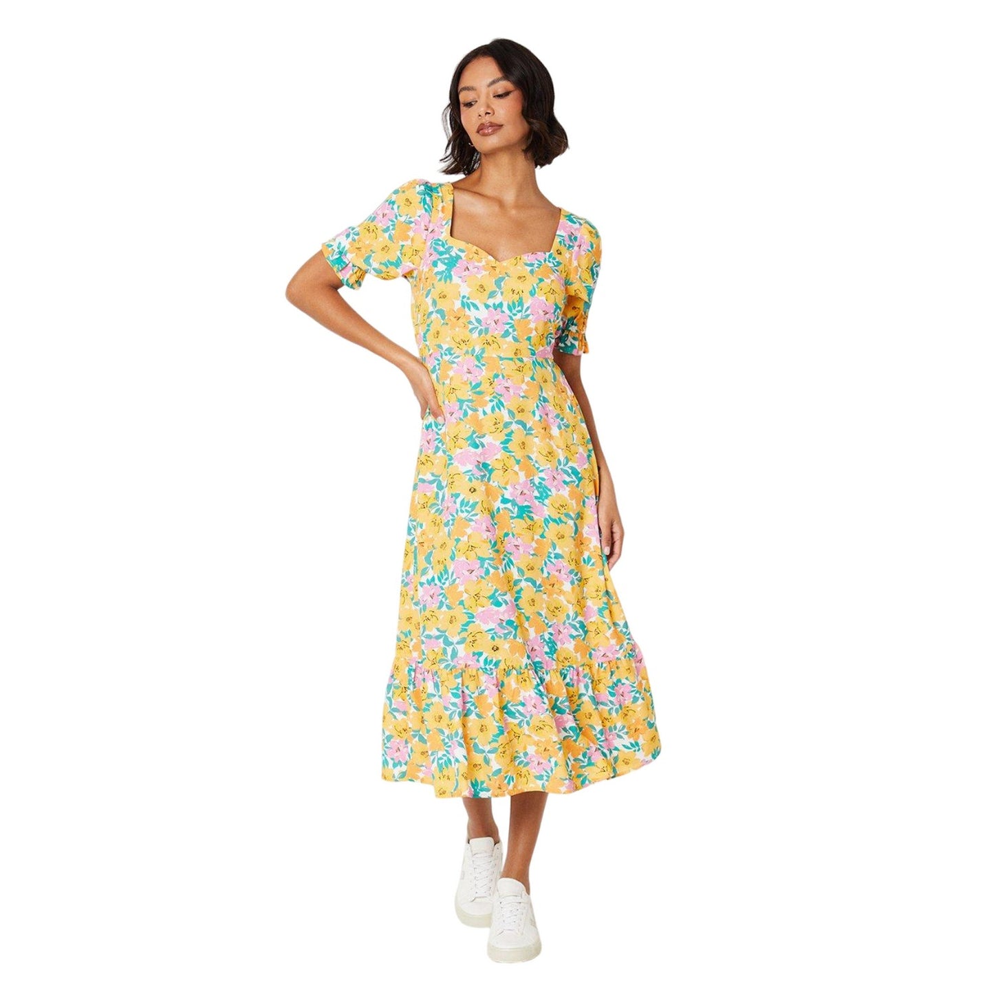 Yellow-Green-Pink - Front - Dorothy Perkins Womens-Ladies Floral Tiered Midi Dress