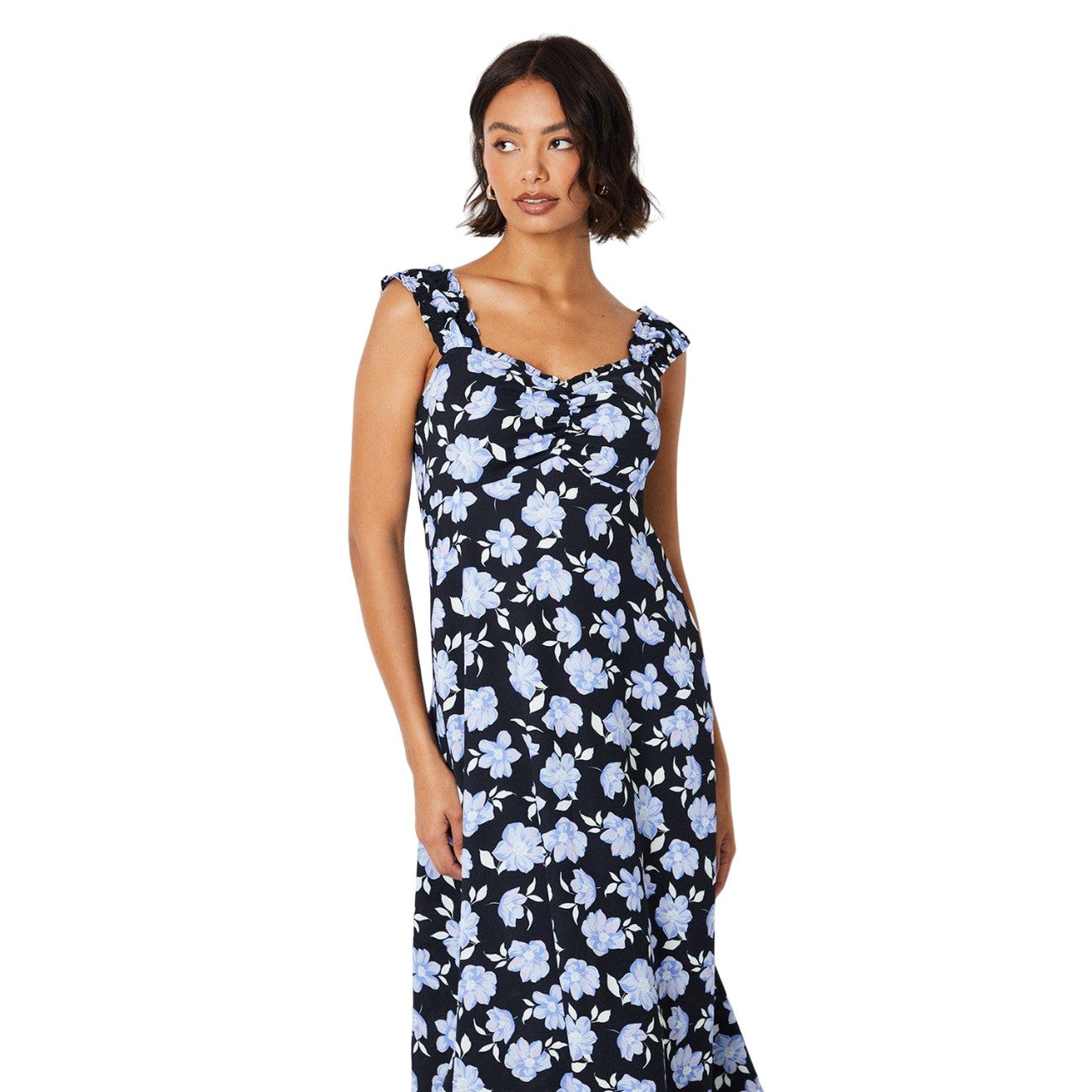 Black-Blue - Side - Dorothy Perkins Womens-Ladies Floral Ruched Front Sleeveless Midi Dress