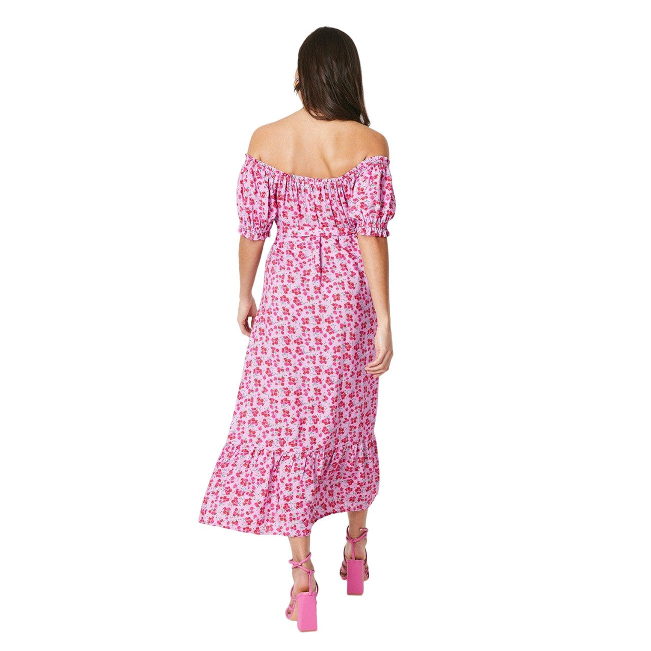 Pink - Back - Dorothy Perkins Womens-Ladies Ditsy Print Bardot Petite Midi Dress