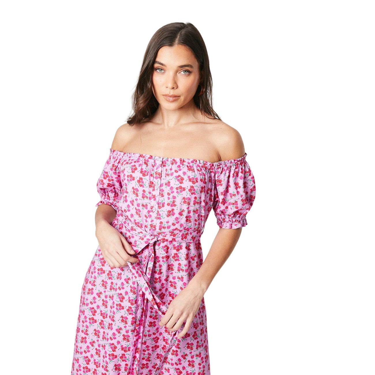 Pink - Side - Dorothy Perkins Womens-Ladies Ditsy Print Bardot Petite Midi Dress
